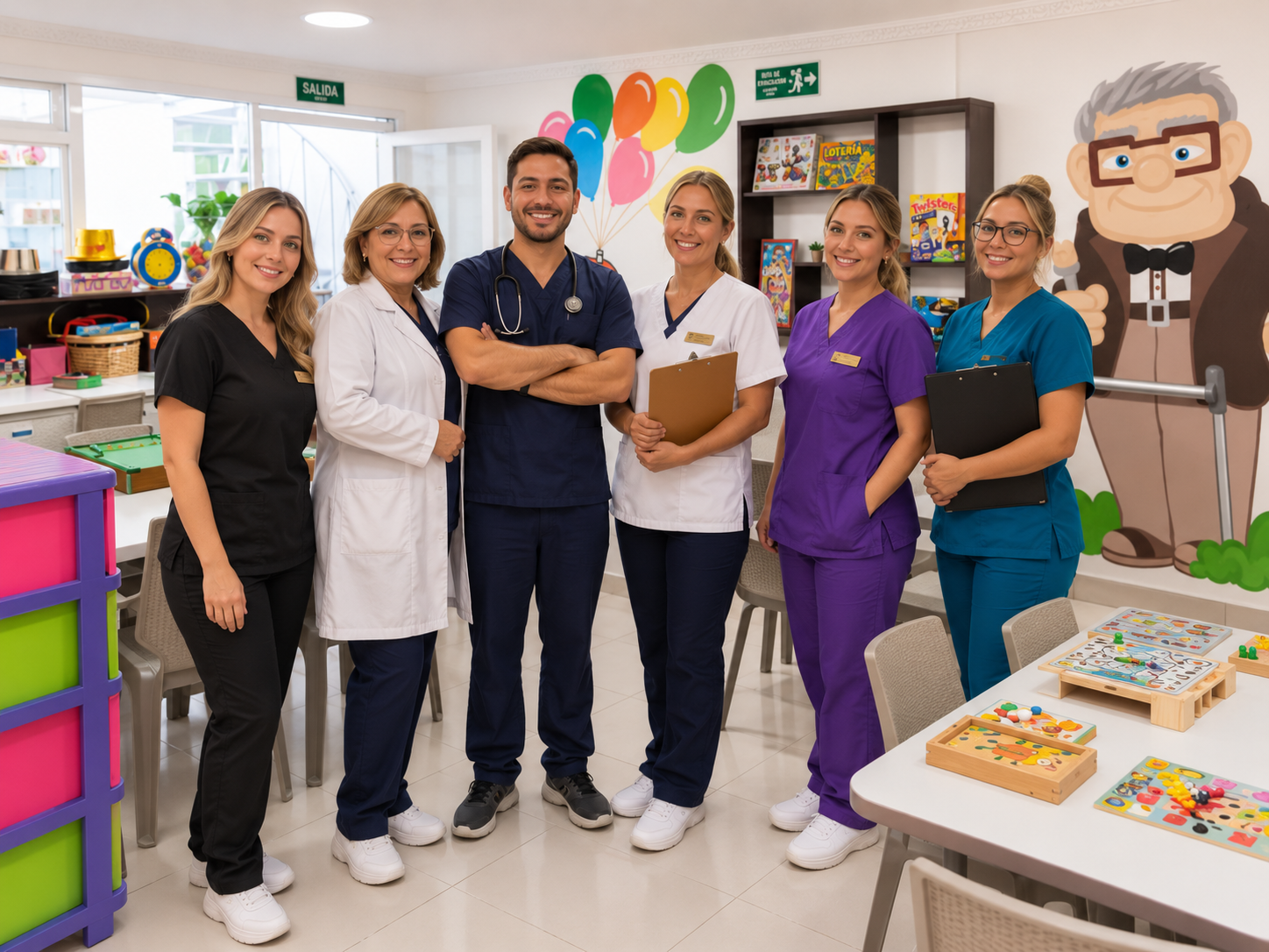 Profesional acompañando a un adulto mayor durante una actividad de rehabilitación